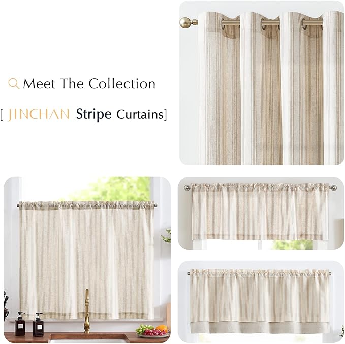 jinchan Tan Striped Kitchen Curtain Linen Farmhouse Cafe Curtain 36 Inch Tiers - Image 8