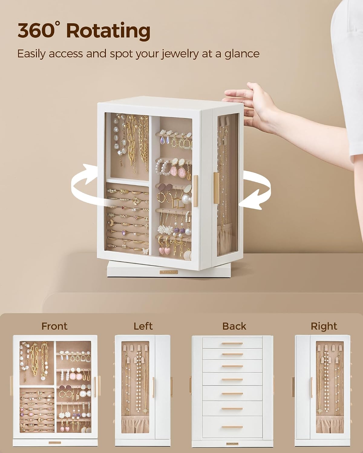 glimmloop 360° rotating jewelry box with 7 drawers, side view