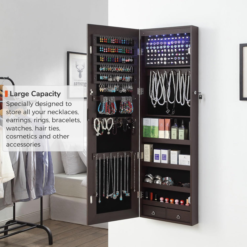 GISSAR Full Length Mirror Jewelry Cabinet, 6 LEDs Jewelry Armoire Wall Mounte...