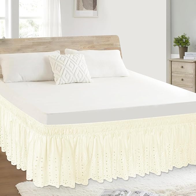 Queen Bed Skirt, Wrap-Around Elastic Ruffled Eyelet Bed Skirt Queen Size Dust - Image 5