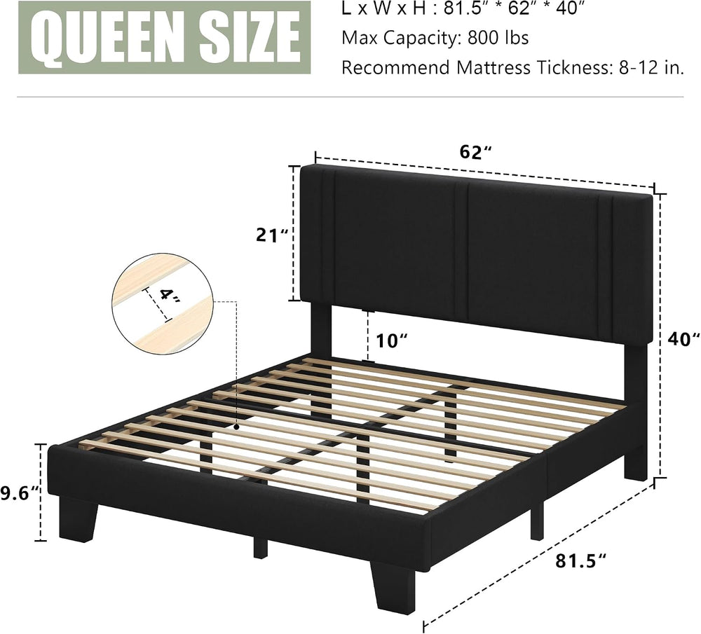 Feonase Queen Platform Bed Frame, Fabric Upholstered Queen Bed Frame, Solid W...
