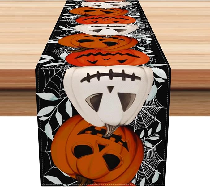 Happy Halloween Table Runner Pumpkin Black Spider Web Fall Kitchen Dining Table by Kzzfqxb