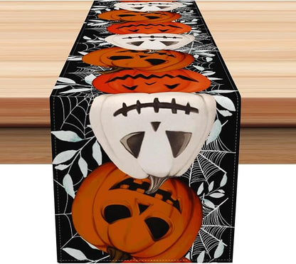 Happy Halloween Table Runner Pumpkin Black Spider Web Fall Kitchen Dining Table by Kzzfqxb