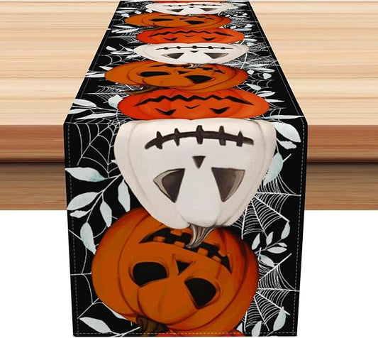 Happy Halloween Table Runner Pumpkin Black Spider Web Fall Kitchen Dining Table by Kzzfqxb