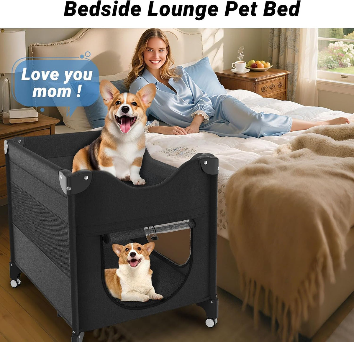 bedside dog lounge bed, fordable bunk beds attachment shown in use
