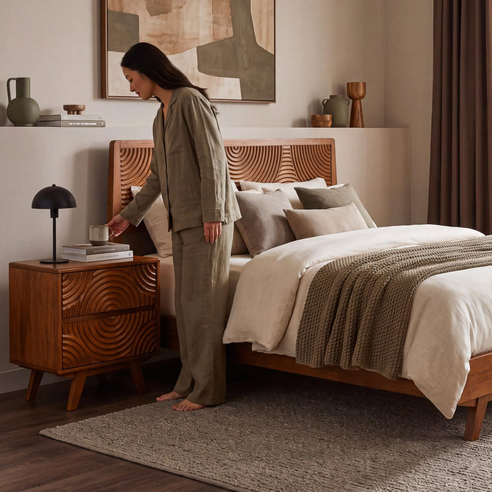 Acacia Harmony Solid Wood Nightstand with 2 Drawers, Bedside Table, Caramel