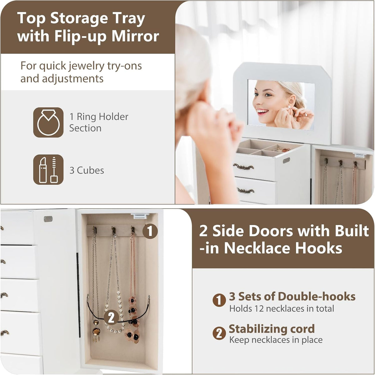 charmaid standing jewelry cabinet with 4 drawers, flip showing dimensions