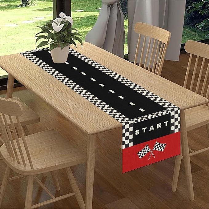 Race Car Table Runner, Kids Themed Race Track Black and White Checked Table - Image 2