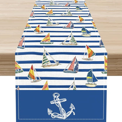 Nautical Anchor Table Runner, Retro Coastal Ship Anchor Stripe Navy Blue by Unknown