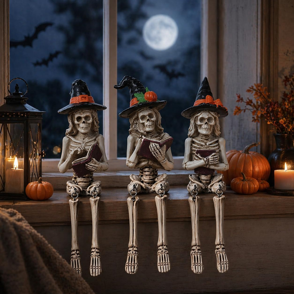 Dlfghos 3 Pieces Halloween Skeleton Statue Halloween Skull Figurine Home Decor Reading Skeleton Figurines Decorations for Indoor Fireplace Home Kitchen Desk Office Party