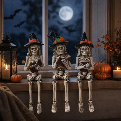 Dlfghos 3 Pieces Halloween Skeleton Statue Halloween Skull Figurine Home Decor Reading Skeleton Figurines Decorations for Indoor Fireplace Home Kitchen Desk Office Party