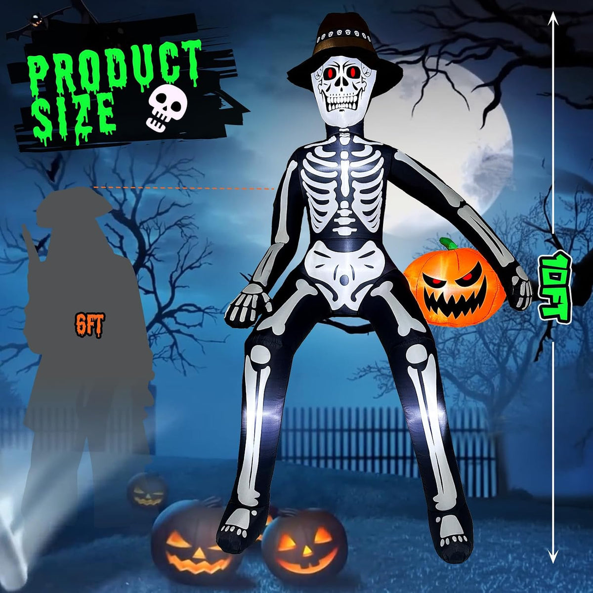 10FT Scary Halloween Inflatables Outdoor, Giant Sitting Skeleton Inflatable