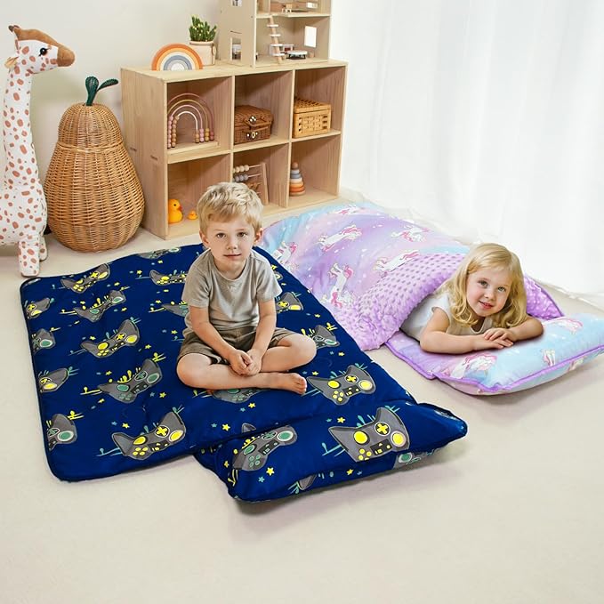 Toddler Nap Mat with Pillow and Minky Blanket, Large 55"x35" Sleeping Bag - Image 3