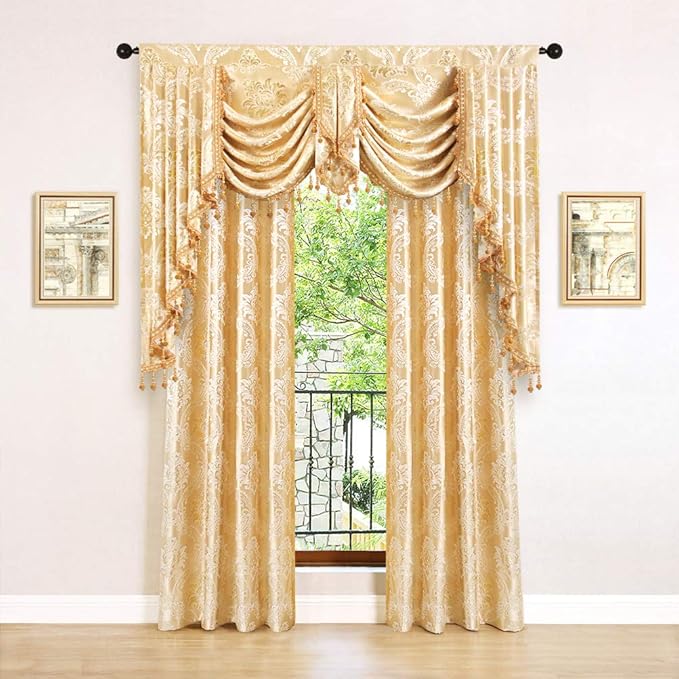 ELKCA Golden Jacquard Swag Waterfall Valance Luxury Curtain Valance - Image 2
