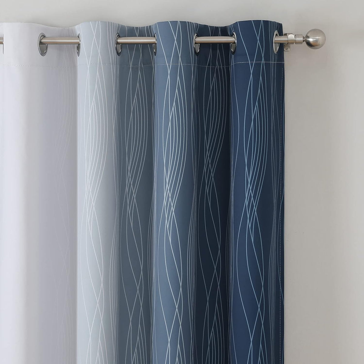 navy blue and greyish white blackout curtains for, side view