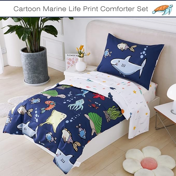 PERFEMET 4 Pieces Toddler Bedding Ocean Animal Printed Toddler Comforter Set - Image 2