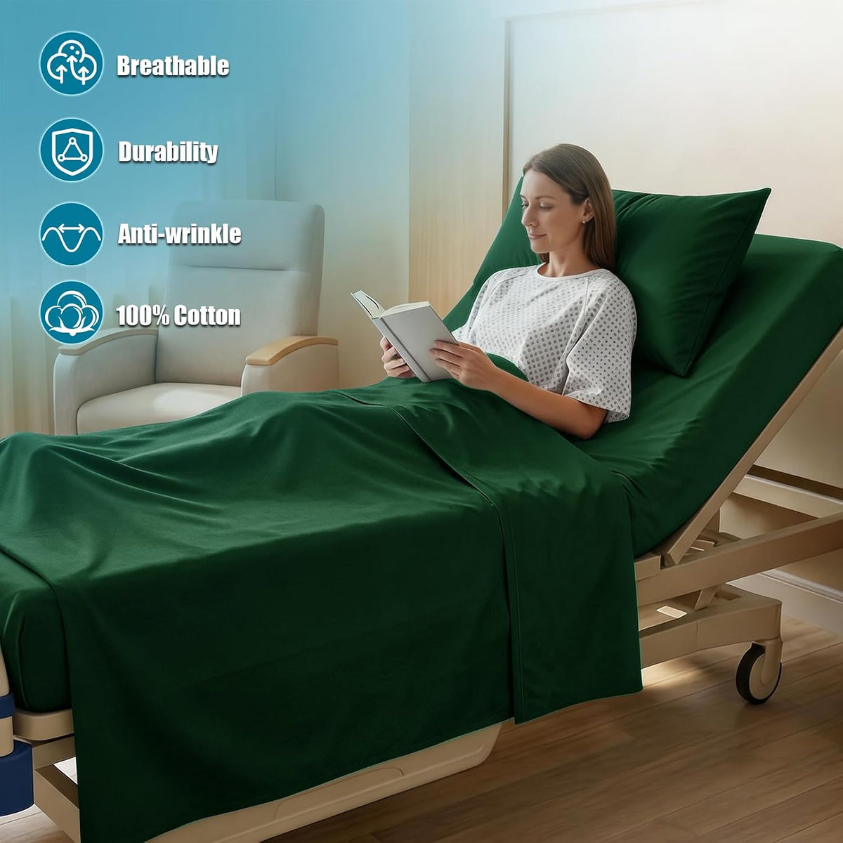 kkjiaf 3 piece dark green cotton hospital bed shown in use