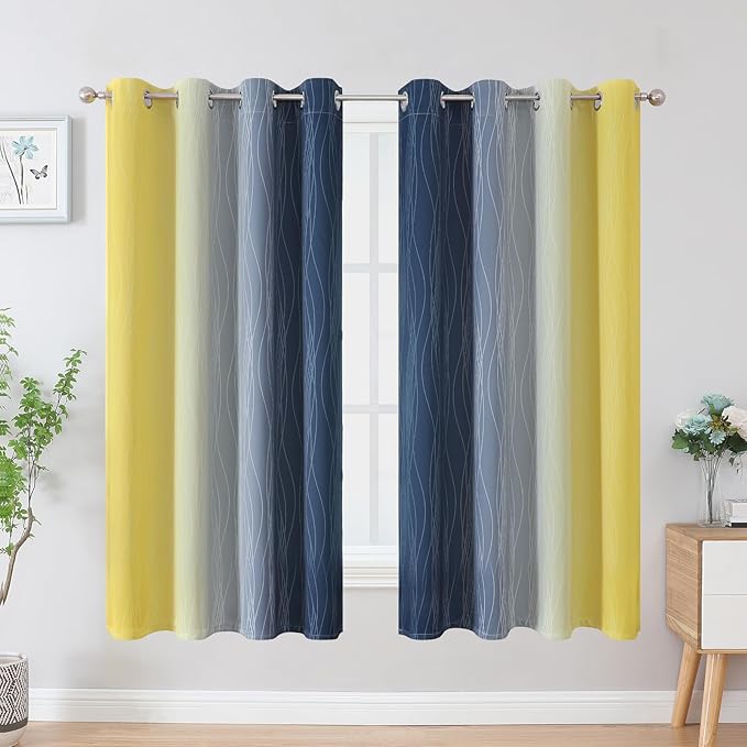 Estelar Textiler Navy Blue and Yellow Blackout Curtains 63 Inch Length 2 Panels - Image 2