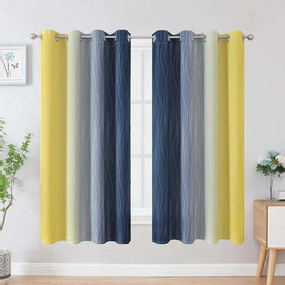 Estelar Textiler Navy Blue and Yellow Blackout Curtains 63 Inch Length 2 Panels - Image 2
