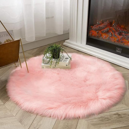 Latepis Pink Circle Round Rug 3ft Faux Fur Sheepskin Rugs - Image 7