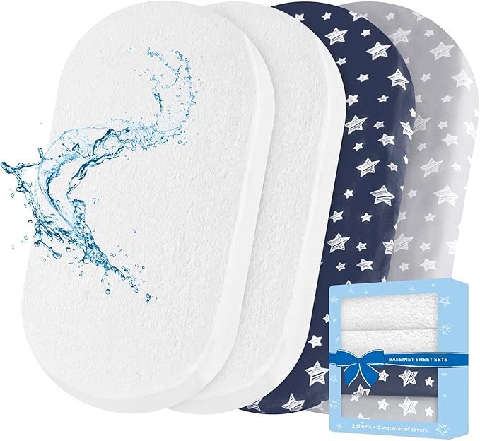 Bassinet Sheets & Waterproof Bassinet Mattress Pad Protector 4 Pack Set by Moonsea