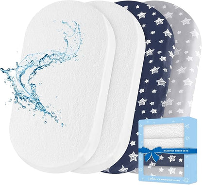 Bassinet Sheets & Waterproof Bassinet Mattress Pad Protector 4 Pack Set by Moonsea