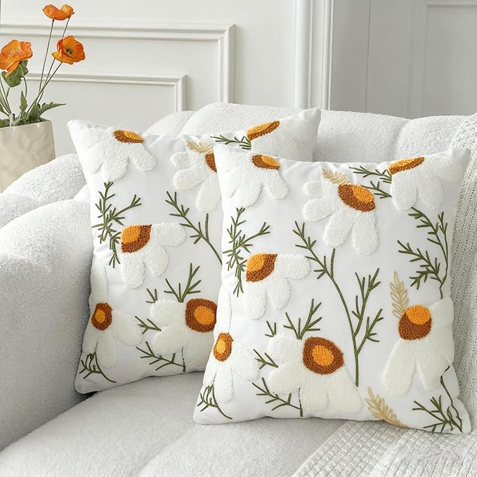 18x18 Embroidered Throw Pillow Covers Set – White Daisy Cotton Decorative by EmbroideredLiving