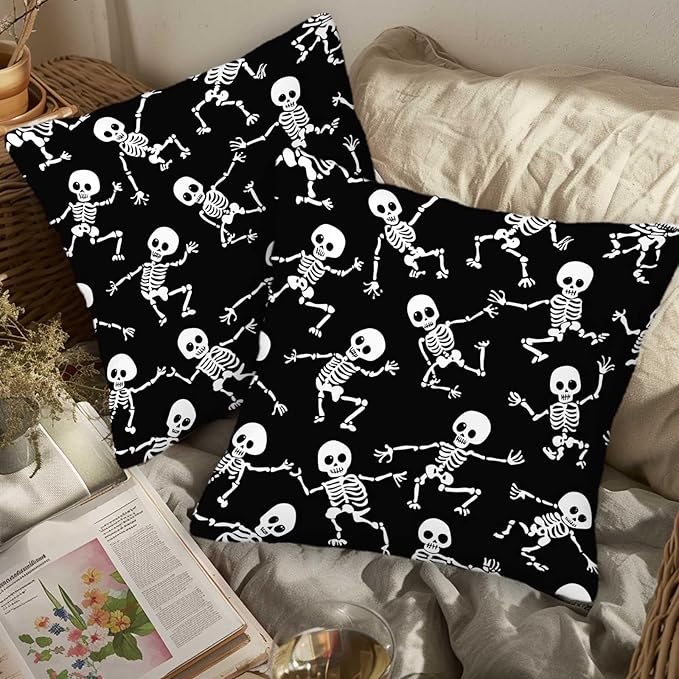 Skeleton Throw Pillow Cover 18x18 Set of 2, Halloween Skull Cushion Case - Image 3