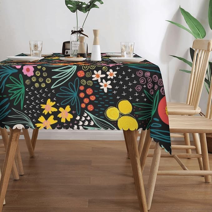 Colorful Flowers Tablecloth Floral Flower Field Black Meadow Herbs Leaves Table - Image 4