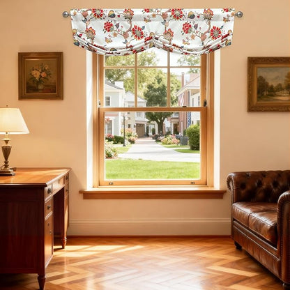 Leeva Red Vintage Floral Pleated Valance, Linen Textured Rod Pocket Curtain - Image 2