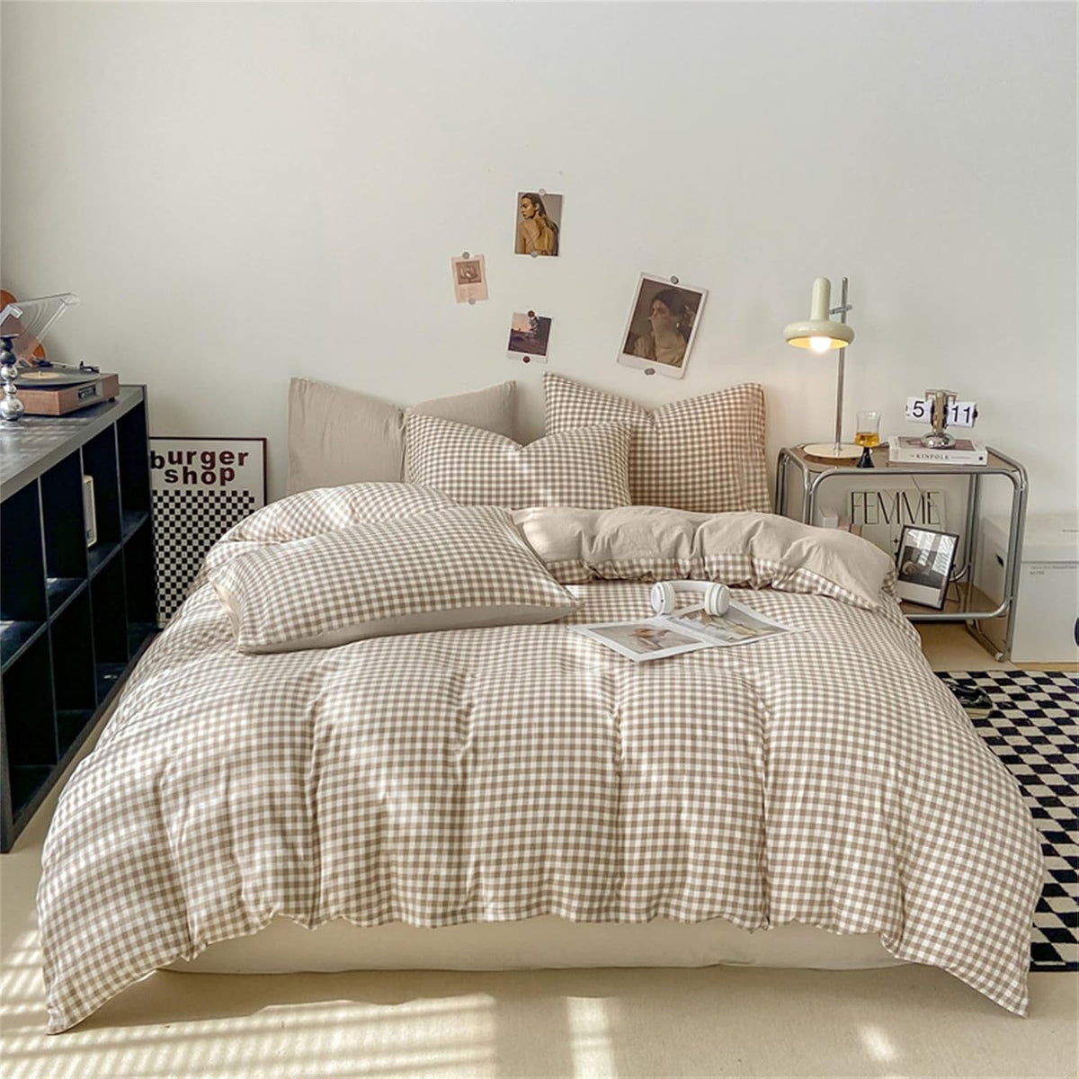 nayoroom gingham duvet cover set queen brown tan shown in use