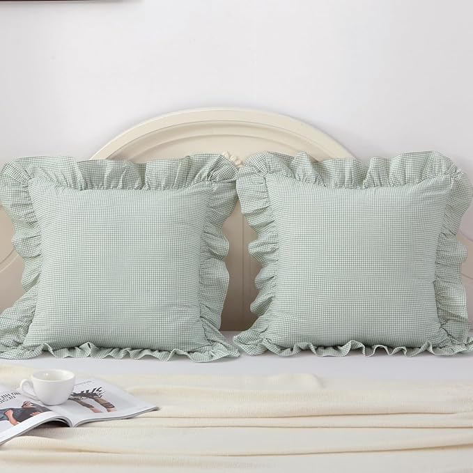 2 Pack Light Green/White Ruffle Plaid Throw Pillow Covers Farmhouse Gingham - Image 2