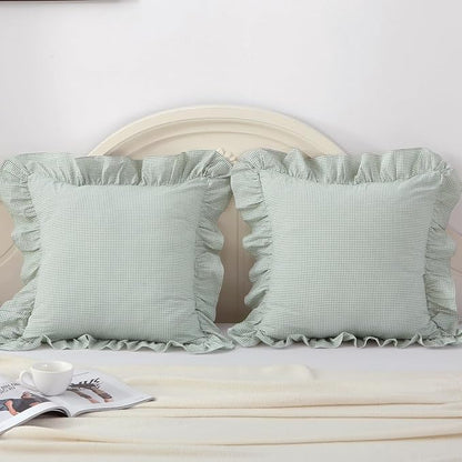 2 Pack Light Green/White Ruffle Plaid Throw Pillow Covers Farmhouse Gingham - Image 2