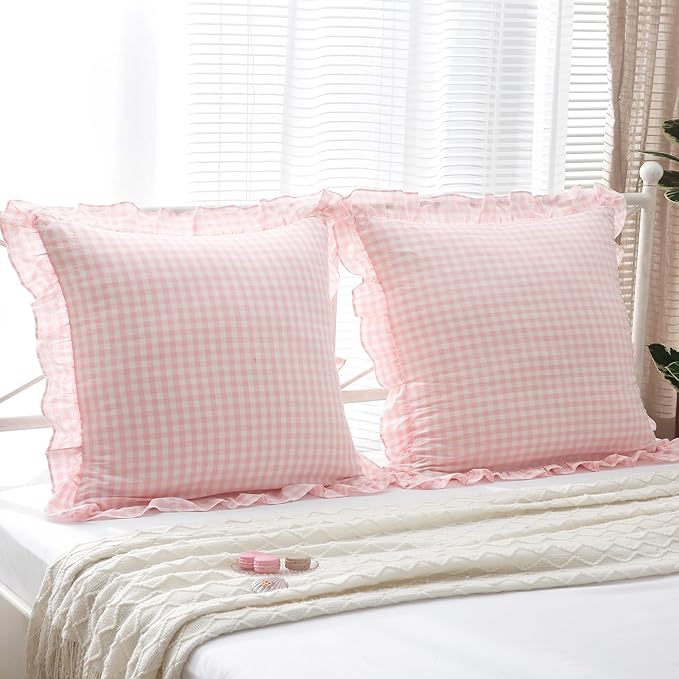 2 Pack Blush White Plaid Ruffle Gingham Euro Shams Pillow Covers, 100% Washed - Image 8