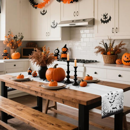 Happy Halloween Table Runner Spooky Forest Ghost Witch Spider Web Bats Pumpkin - Image 2