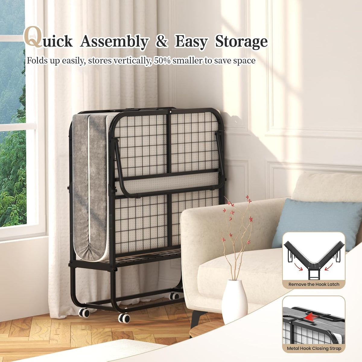 folding bed with mattress, 75" x 31" twin, side view