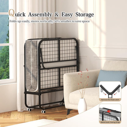 folding bed with mattress, 75" x 31" twin, side view
