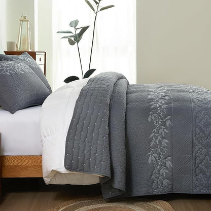 EVENHUG Floral Embroidered Quilt Set King Size 3 Piece Bedding Set Reversible - Image 4