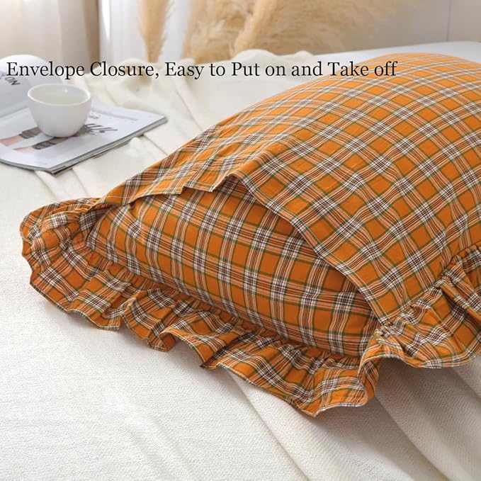 Burnt Orange Tartan Plaid Ruffle Pillow Covers Standard Size Set of 2, Washed - Image 3