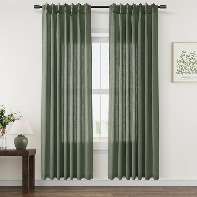Olive Green Pinch Pleat Linen Curtains 72 Inch Length 2 Panels Set - Image 6
