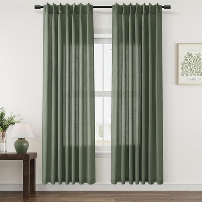 Olive Green Pinch Pleat Linen Curtains 72 Inch Length 2 Panels Set - Image 6