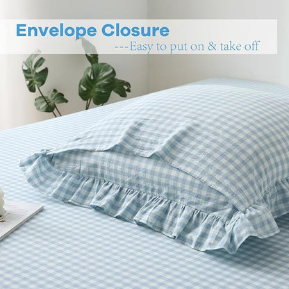 2 Pack Light Blue White Plaid Ruffle Gingham Euro Pillow Sham Covers, 100% - Image 4