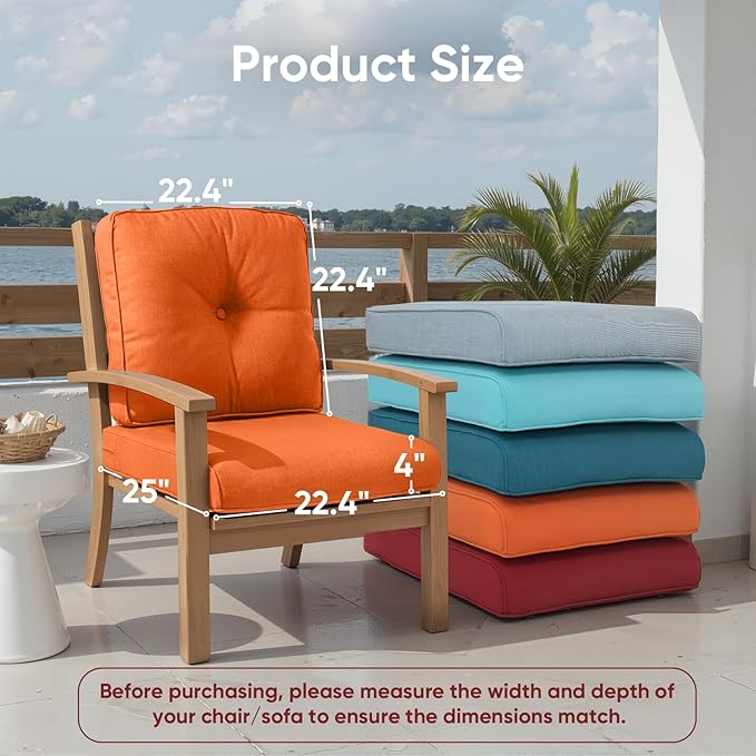 Outdoor Chair Cushion Set, 25 x 22 Deep Seat Cushion, Patio Chair Cushions - Image 2