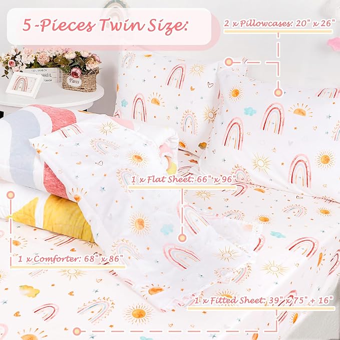 Twin Size Toddler Bedding Set for Girls- 5 Piece Rainbow Toddler Girl Bedding - Image 5