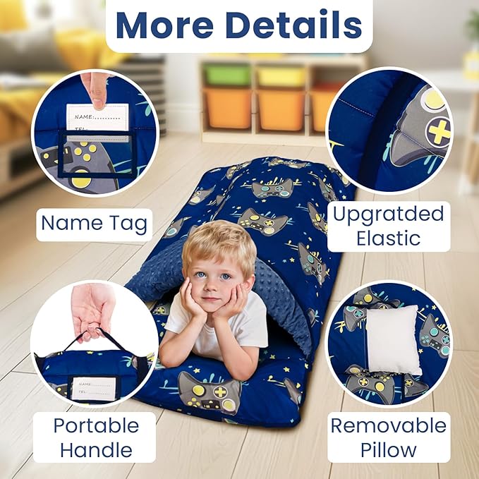 Toddler Nap Mat with Pillow and Minky Blanket, Large 55"x35" Sleeping Bag - Image 5