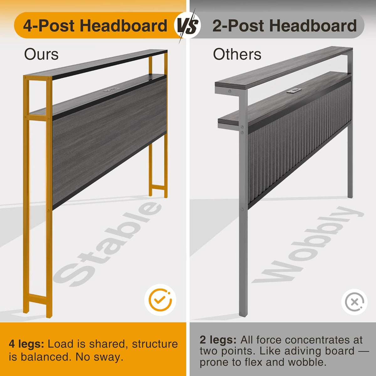 queen bed frame with charging station, led lights, side view