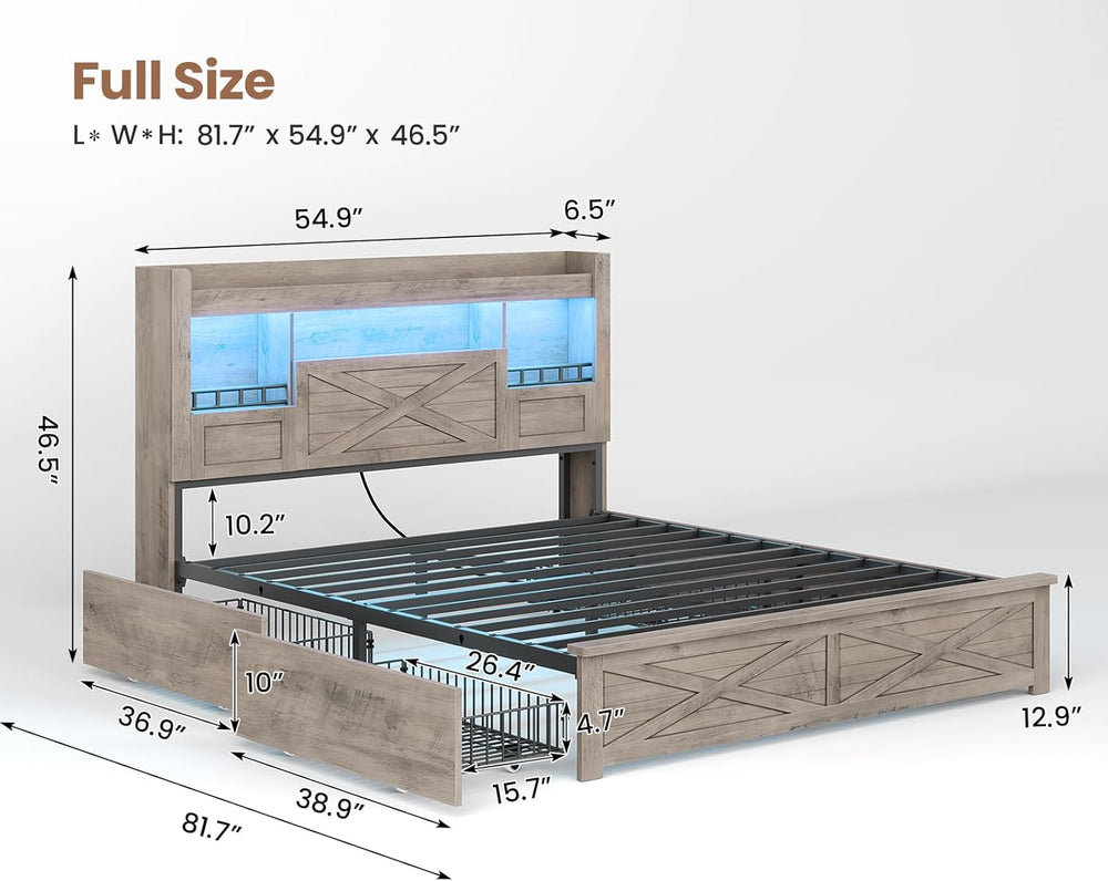 Farmhouse Full Size Bed Frame with Flip-Down Bookcase Storage Headboard and 4...