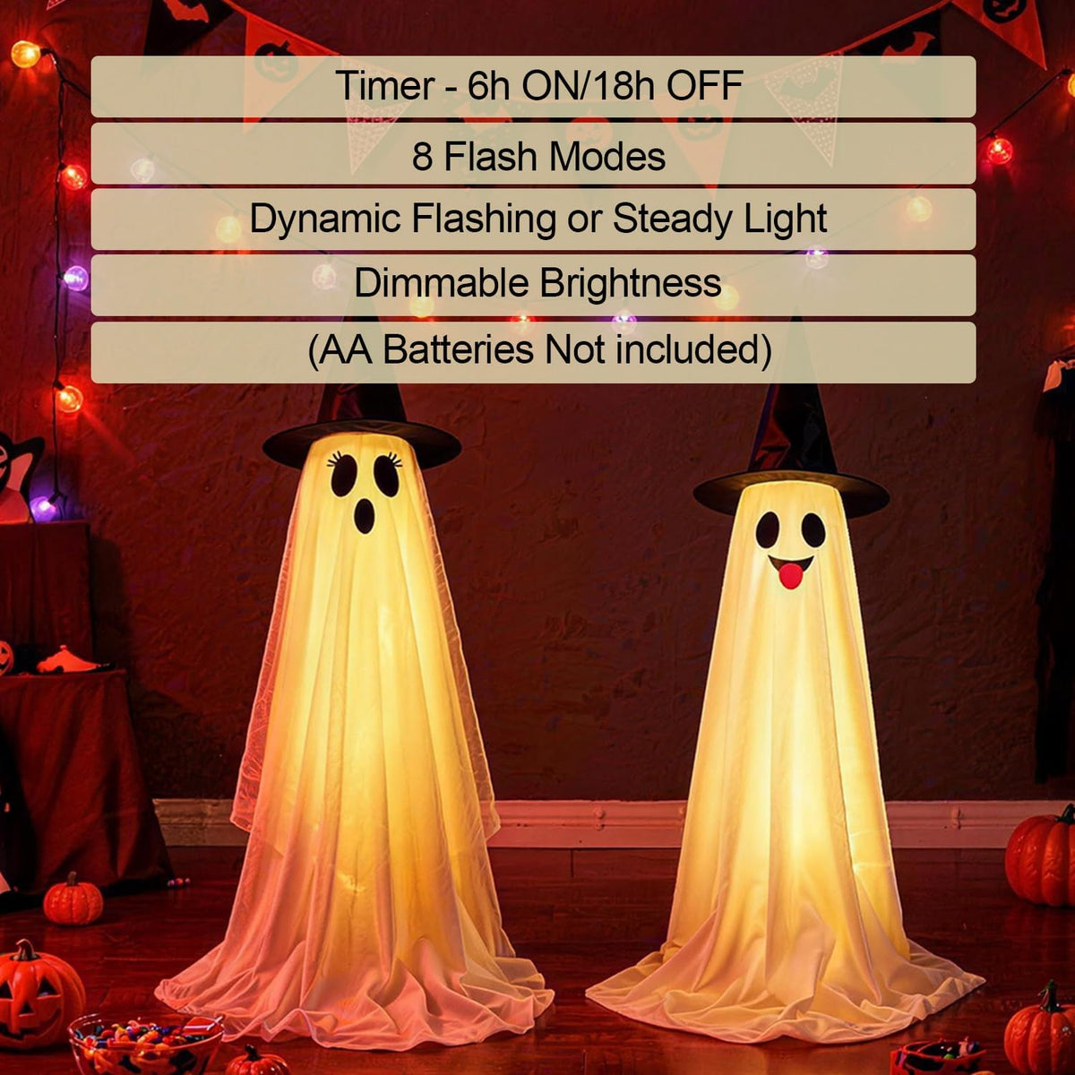Halloween Decorations Outdoor & Indoor Decor - 2 Pack 59-inch Remote Control Spooky Ghost String Lights with Witch Hats, Halloween Lights for Porch, Yards, Patio, Garden Lawn, Party