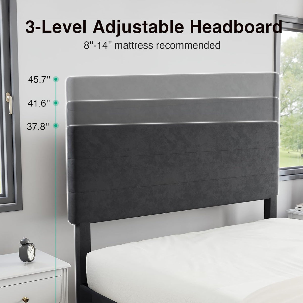 novilla queen bed frame, queen size bed frame, side view