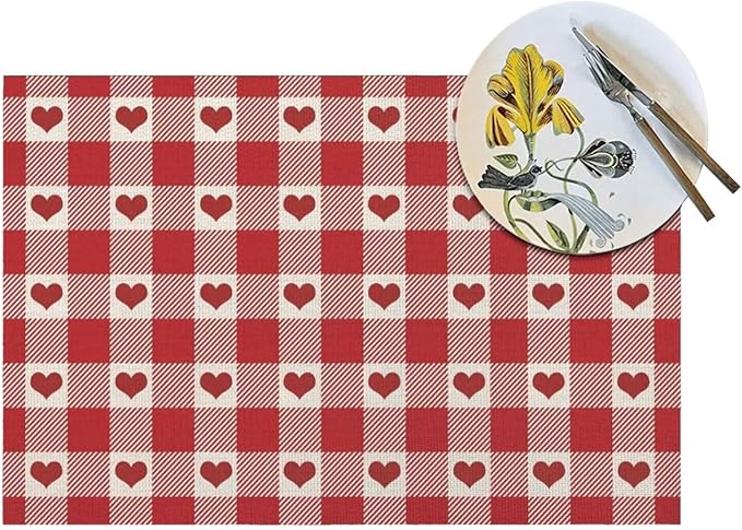 Valentine's Day Placemats Set of 4, Checked Love Hearts Decorative Table Mat 12 - Image 5